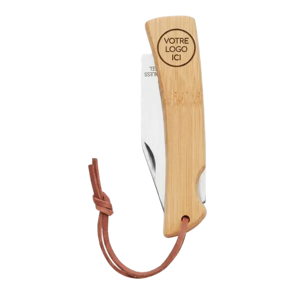 Couteau pliant en acier inoxydable et bambou avec cordon