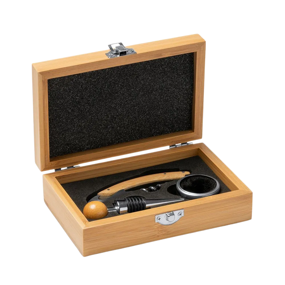 Set à vin pièces en bois et métal avec boîte en bois
